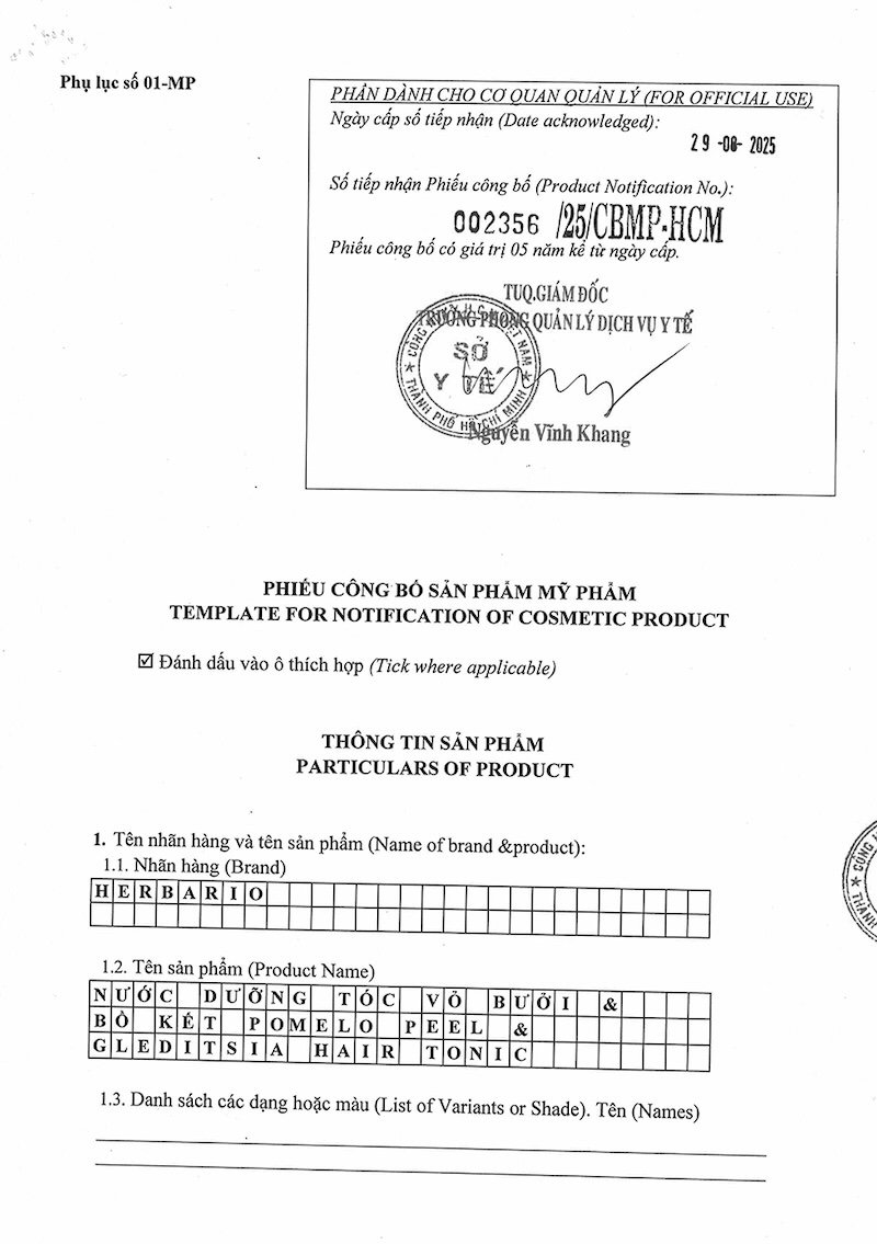Giấy công bố sản phẩm Xịt dưỡng tóc Herbario giay cong bo san pham nuoc duong toc buoi Herbario